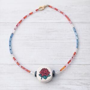 Vintage Choker Necklace - Small Size 11 & 1/8" - Rose Center Pendant Bead